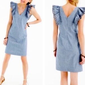 J. Crew Chambray Denim Light Blue Eyelet Ruffle Sleeve V-Neck Dress